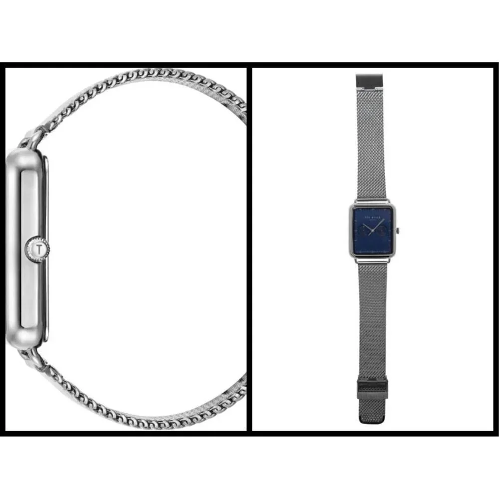 💕TED BAKER LONDON💕 Issaac Rectangular Mesh Watch Silver Blue Face Plate NWT